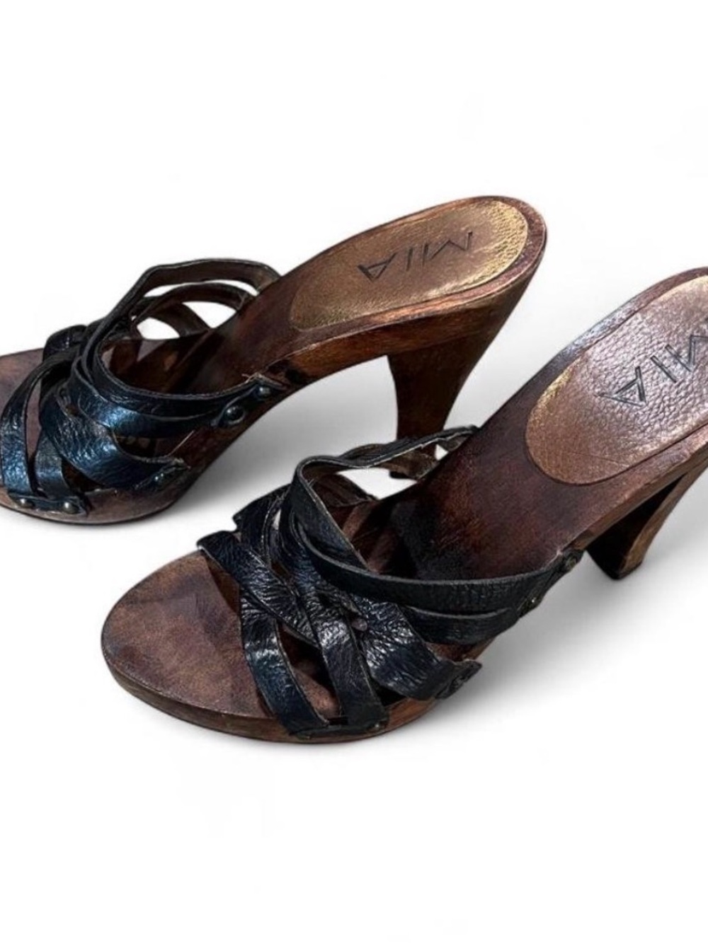 Vintage MIA Black Leather Strappy Wood-Heel Sandal